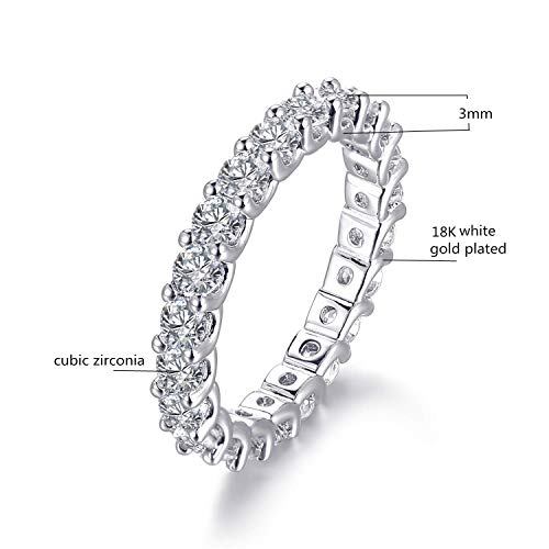 GEMSME 18K White Gold Plated Cubic Zirconia Rings 3.0mm Eternity Bands Stackable Rings for Women