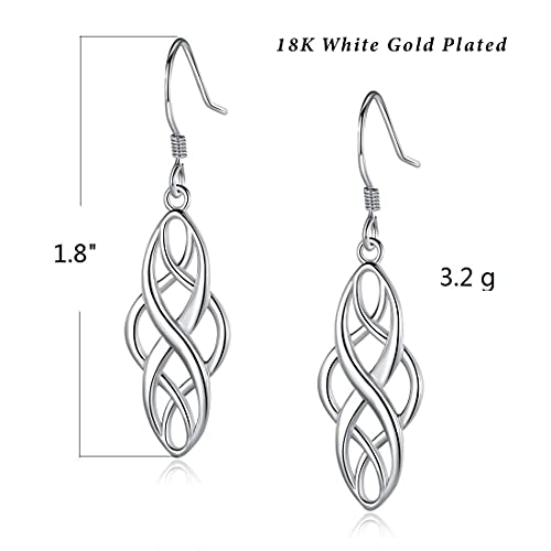 GEMSME 18K White Gold Plated Oval Celtic Knot Drop Long Wire Dangle Earrings Hypoallergenic Jewelry for Women Girl