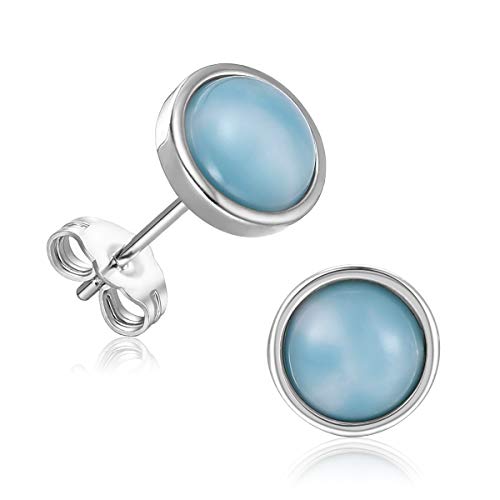 GEMSME 925 Sterling Silver Round Larimar Stud Earrings Hypoallergenic Jewelry for Women (round larimar)
