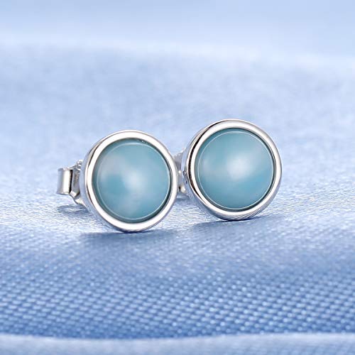 GEMSME 925 Sterling Silver Round Larimar Stud Earrings Hypoallergenic Jewelry for Women (round larimar)