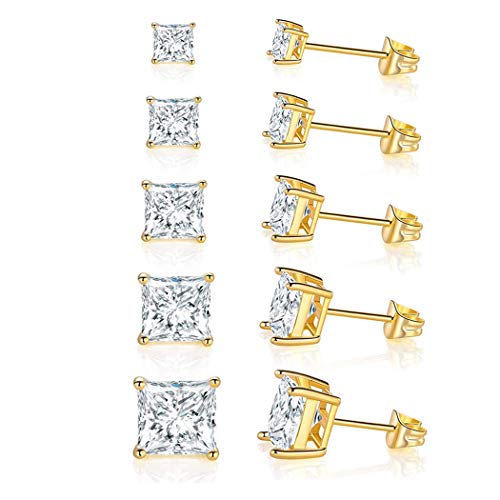 GEMSME 18K Gold Plated Princess Cut Clear Cubic Zirconia Stud Earrings Pack of 5