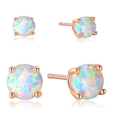 GEMSME 18K Rose Gold Plated Opal Stud Earrings 6MM Round For Women