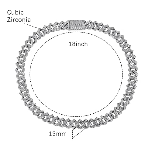 GEMSME Full Iced Out Cubic Zirconia Cuban Link Chain Hip Hop 18K White Gold Plated Miami Cuban Link Chain Necklace for Men Women