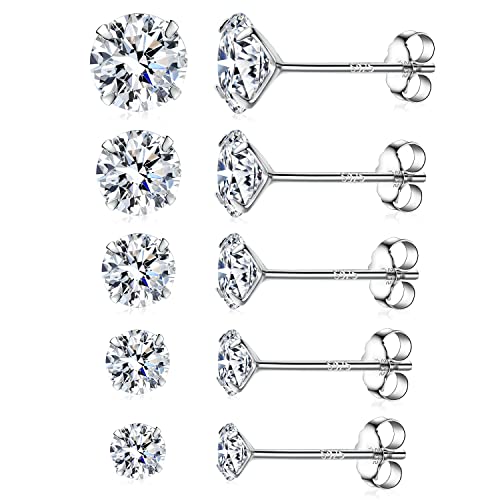 GEMSME 925 Sterling Sliver Round Cubic Zirconia Stud Earrings 4 Pongs Women Men Sparkly Jewelry Pack of 5