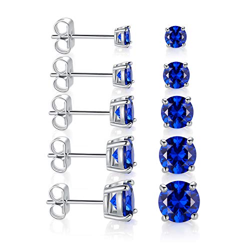 18K White Gold Plated Stud Earrings 4 Prong Brilliant Round Cut 3-7MM Ruby / Emerald / Sapphire Cubic Zirconia Earring Studs ( 5 Pairs )