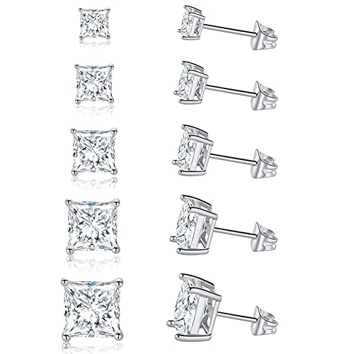 GEMSME 18K Gold Plated Princess Cut Clear Cubic Zirconia Stud Earrings Pack of 5