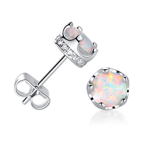GEMSME Rhodium Plated Opal Halo Cubic Zirconia Crown Stud Earrings Hypoallergenic Jewelry for Women Girls
