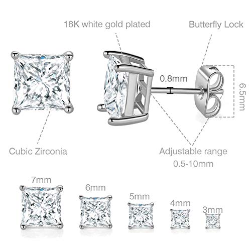 GEMSME 18K Gold Plated Princess Cut Clear Cubic Zirconia Stud Earrings Pack of 5