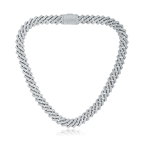 GEMSME Full Iced Out Cubic Zirconia Cuban Link Chain Hip Hop 18K White Gold Plated Miami Cuban Link Chain Necklace for Men Women