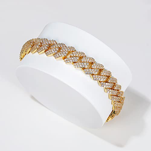 GEMSME 18K Yellow Gold Plated Bracelet Full Iced Out Cubic Zirconia Cuban Link Chain Hip Hop Bracelet for Men Women 7.5 Inch