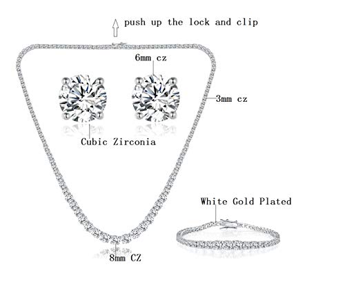 Gemsme 18K White Gold Plated Graduated Round Cubic Zirconia Tennis Necklace/Bracelet/Earrings Sets Pack of 3