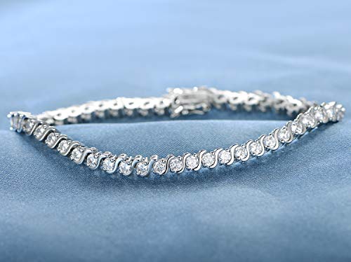 GEMSME 18K White Gold Plated Cubic Zirconia Bracelet Created S Shape Tennis Bracelet for Women 7.5 Inch