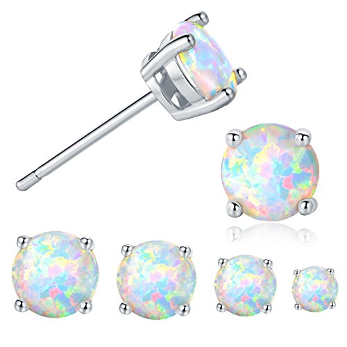 GEMSME 18K White Gold Plated 6mm Round White Opal Stud Earrings For Women