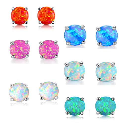 GEMSME 18K White Gold Plated Color 6mm Opal Stud Earrings for Women