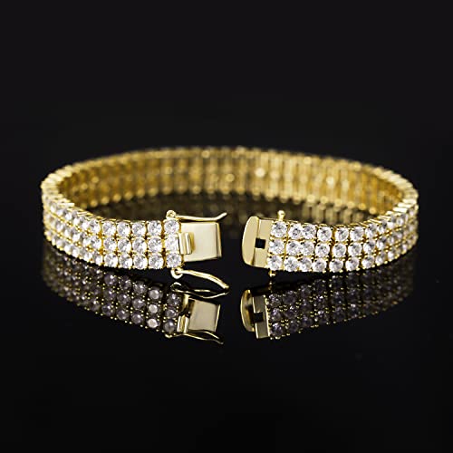 GEMSME Gold Bracelets for Men and Women 18K Yellow Gold Plated 3 Row Round Cubic Zirconia Classic Tennis Bracelet Size 6.5/7/7.5/8/8.5 Inch