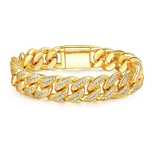 GEMSME Cuban Link Bracelet 18K White Gold Plated Bracelet Iced Out Cubic Zirconia Hip Hop Jewelry for Women Men
