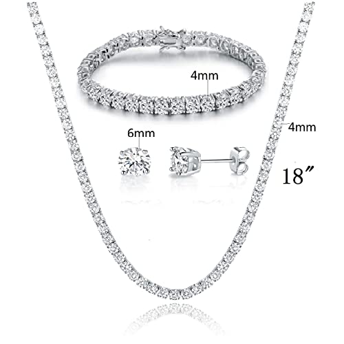 Gemsme 18K White Gold Plated Tennis Necklace/Bracelet/Earrings Sets Pack of 3