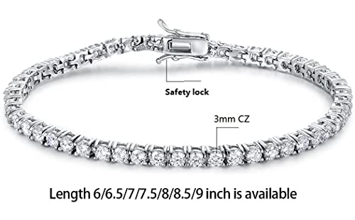 GMESME 18K White Gold Plated 3.0mm Cubic Zirconia Classic Tennis Bracelet 6/6.5/7/7.5/8/8.5/9 Inch
