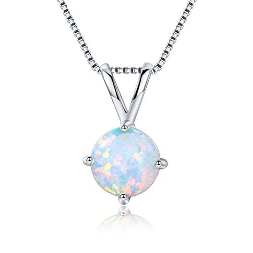 GEMSME 8MM Round Opal Pendant Necklace and 6MM Round Birthstone Stud Earrings Set (white-gold-plated-base)