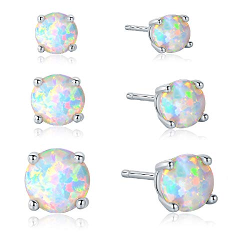 925 Sterling Silver 3/5/7mm Round Opal Stud Earrings Plated With 18K White Gold Pack of 3