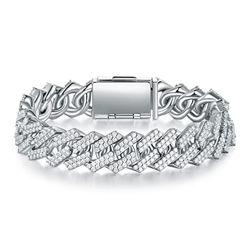 GEMSME 18K White Gold Plated Bracelet Full Iced Out Cubic Zirconia Cuban Link Chain Hip Hop Bracelet for Men Women