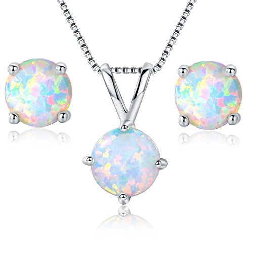GEMSME 8MM Round Opal Pendant Necklace and 6MM Round Birthstone Stud Earrings Set (white-gold-plated-base)