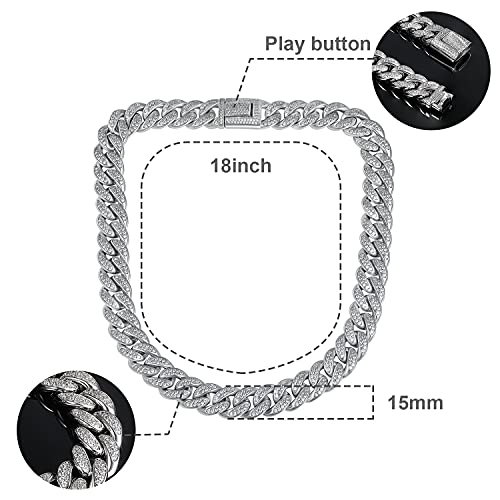 GEMSME Cuban Link Chain Necklace for Men Women Hip Hop Necklace Iced Out Cubic Zirconia 18K White Gold Plated CZ Clasp Chain