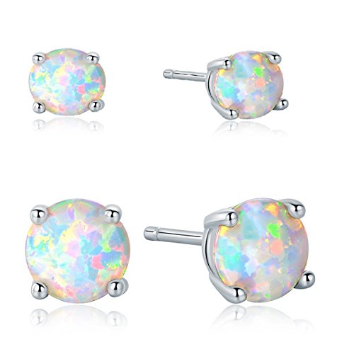 GEMSME 18K White Gold Plated 6mm Round White Opal Stud Earrings For Women