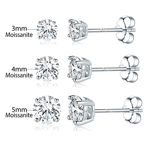 925 Sterling Silver Filled White Gold 4 Pong Round Clear Moissanite Stud Earring for Women 3/4/5mm Pack of 3 Pairs