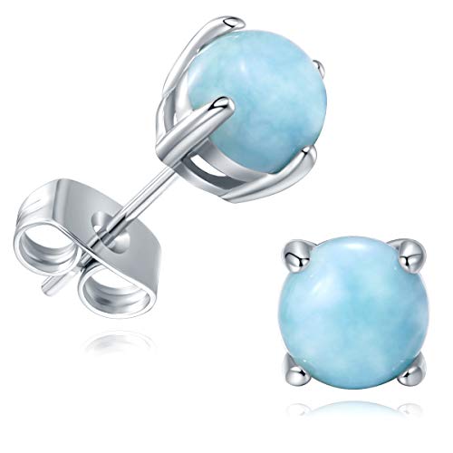 GEMSME 925 Sterling Silver Round Larimar Stud Earrings Hypoallergenic Jewelry for Women (larimar)