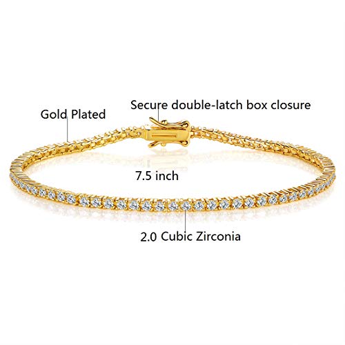 GEMSME 18K Yellow Gold Plated 2.0 Round Cubic Zirconia Classic Tennis Bracelet 7.5 Inch