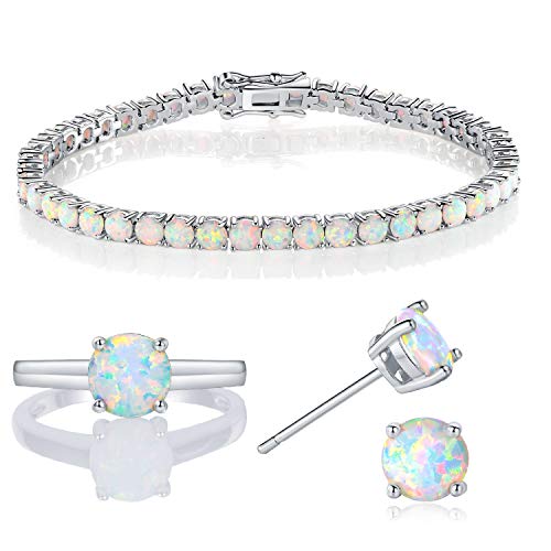 18k White Gold Plated Opal Tennis Braceelet/Earrings/Rings Created Jewelry Sets for Women