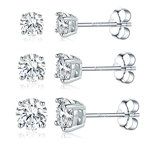 925 Sterling Silver Filled White Gold 4 Pong Round Clear Moissanite Stud Earring for Women 3/4/5mm Pack of 3 Pairs