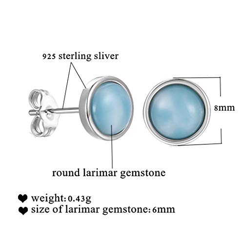 GEMSME 925 Sterling Silver Round Larimar Stud Earrings Hypoallergenic Jewelry for Women (round larimar)