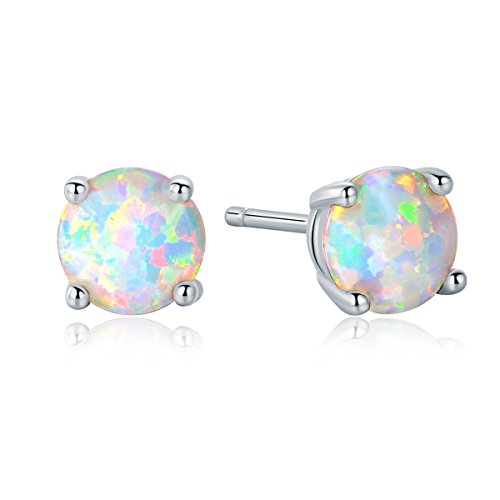 GEMSME 8MM Round Opal Pendant Necklace and 6MM Round Birthstone Stud Earrings Set (white-gold-plated-base)