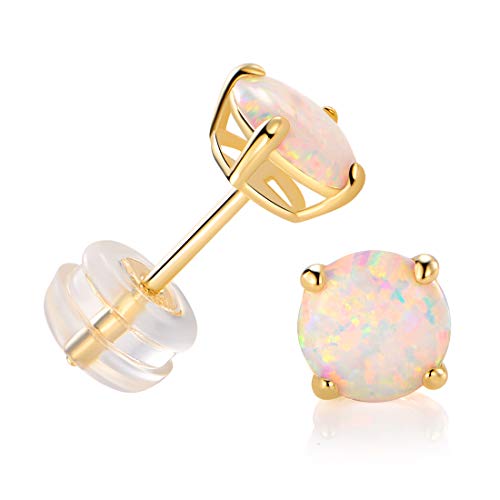 GEMSME 10K Solid Yellow/White/Rose Gold 6.00mm Round Fire Opal Stud Earrings Hypoallergenic Gift Jewelry for Women