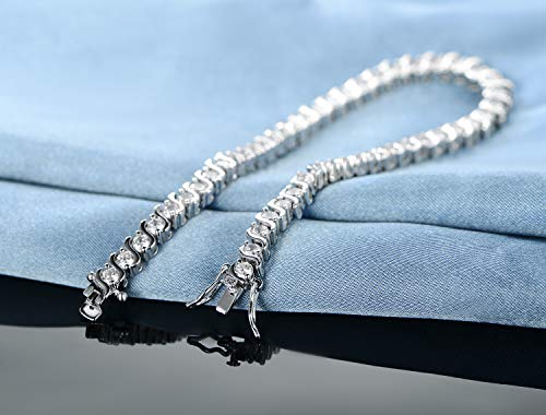 GEMSME 18K White Gold Plated Cubic Zirconia Bracelet Created S Shape Tennis Bracelet for Women 7.5 Inch