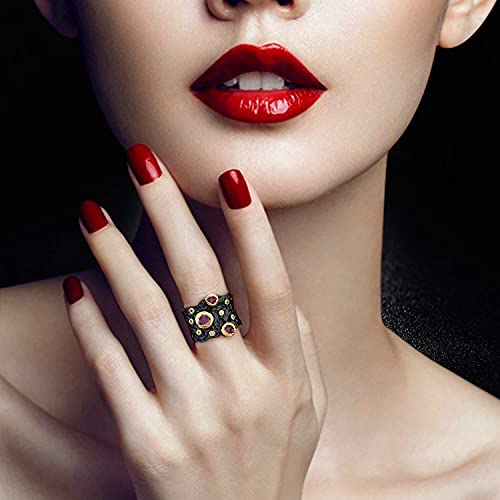 GEMSME 925 Sterling Silver Band Rings for Women & Men Red Gemstone Black Ring Hypoallergenic Personalized Jewelry Gift for Halloween