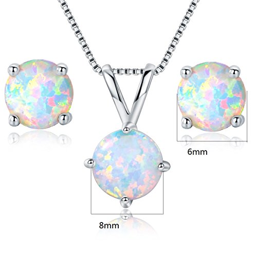 GEMSME 8MM Round Opal Pendant Necklace and 6MM Round Birthstone Stud Earrings Set (white-gold-plated-base)