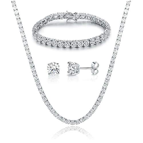 Gemsme 18K White Gold Plated Tennis Necklace/Bracelet/Earrings Sets Pack of 3
