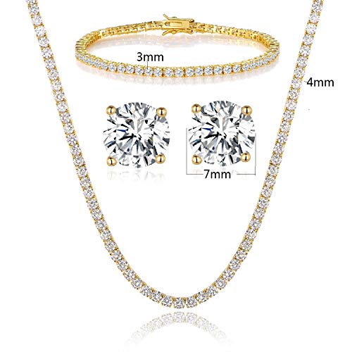 18K Yellow Gold Plated Tennis Necklace/Bracelet/Earrings Sets Pack of 3