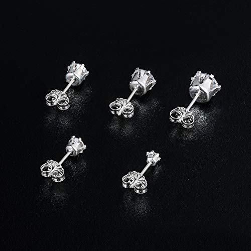 GEMSME 925 Sterling Sliver Stud Earrings Round Cubic Zirconia Stud Women Men Sparkly Jewelry Pack of 5