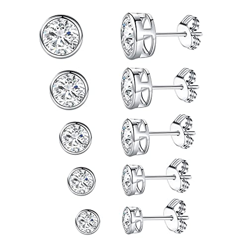 GEMSME 5 Pairs Studs Earrings Set Cubic Zirconia Round Bezel Set Stud Earrings Hypoallergenic 18K White Gold Plated 3-7mm CZ Stud Earrings for Women Men Christmas Gifts