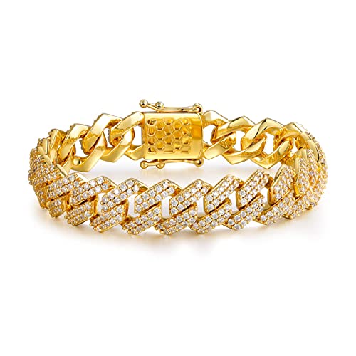 GEMSME 18K Yellow Gold Plated Bracelet Full Iced Out Cubic Zirconia Cuban Link Chain Hip Hop Bracelet for Men Women 7.5 Inch