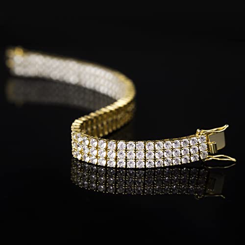 GEMSME Gold Bracelets for Men and Women 18K Yellow Gold Plated 3 Row Round Cubic Zirconia Classic Tennis Bracelet Size 6.5/7/7.5/8/8.5 Inch