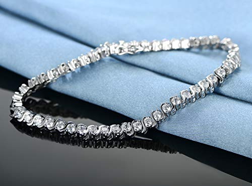 GEMSME 18K White Gold Plated Cubic Zirconia Bracelet Created S Shape Tennis Bracelet for Women 7.5 Inch
