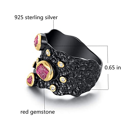 GEMSME 925 Sterling Silver Band Rings for Women & Men Red Gemstone Black Ring Hypoallergenic Personalized Jewelry Gift for Halloween