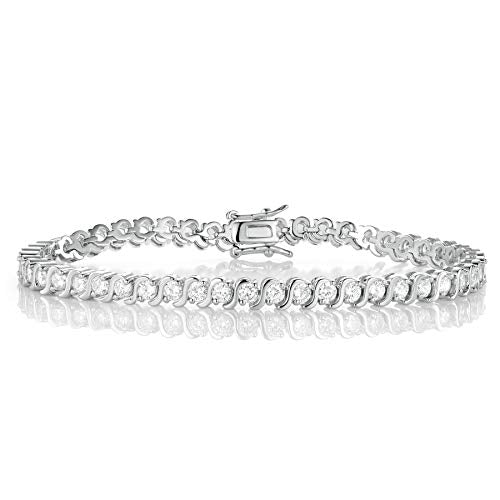 GEMSME 18K White Gold Plated Cubic Zirconia Bracelet Created S Shape Tennis Bracelet for Women 7.5 Inch