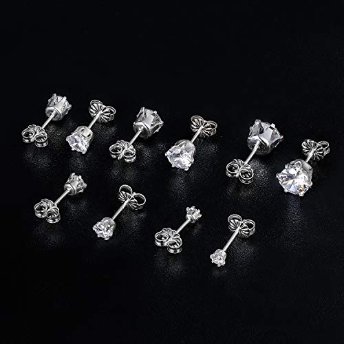 GEMSME 925 Sterling Sliver Stud Earrings Round Cubic Zirconia Stud Women Men Sparkly Jewelry Pack of 5