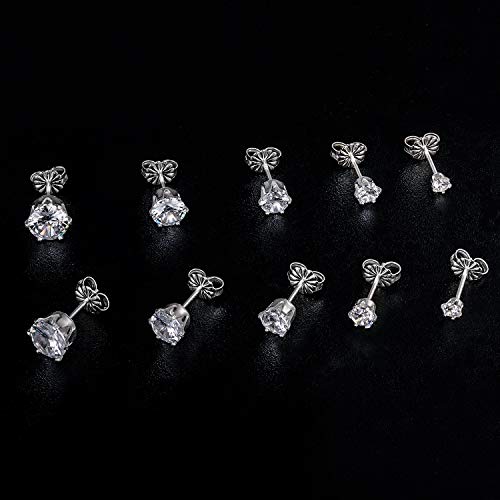 GEMSME 925 Sterling Sliver Stud Earrings Round Cubic Zirconia Stud Women Men Sparkly Jewelry Pack of 5